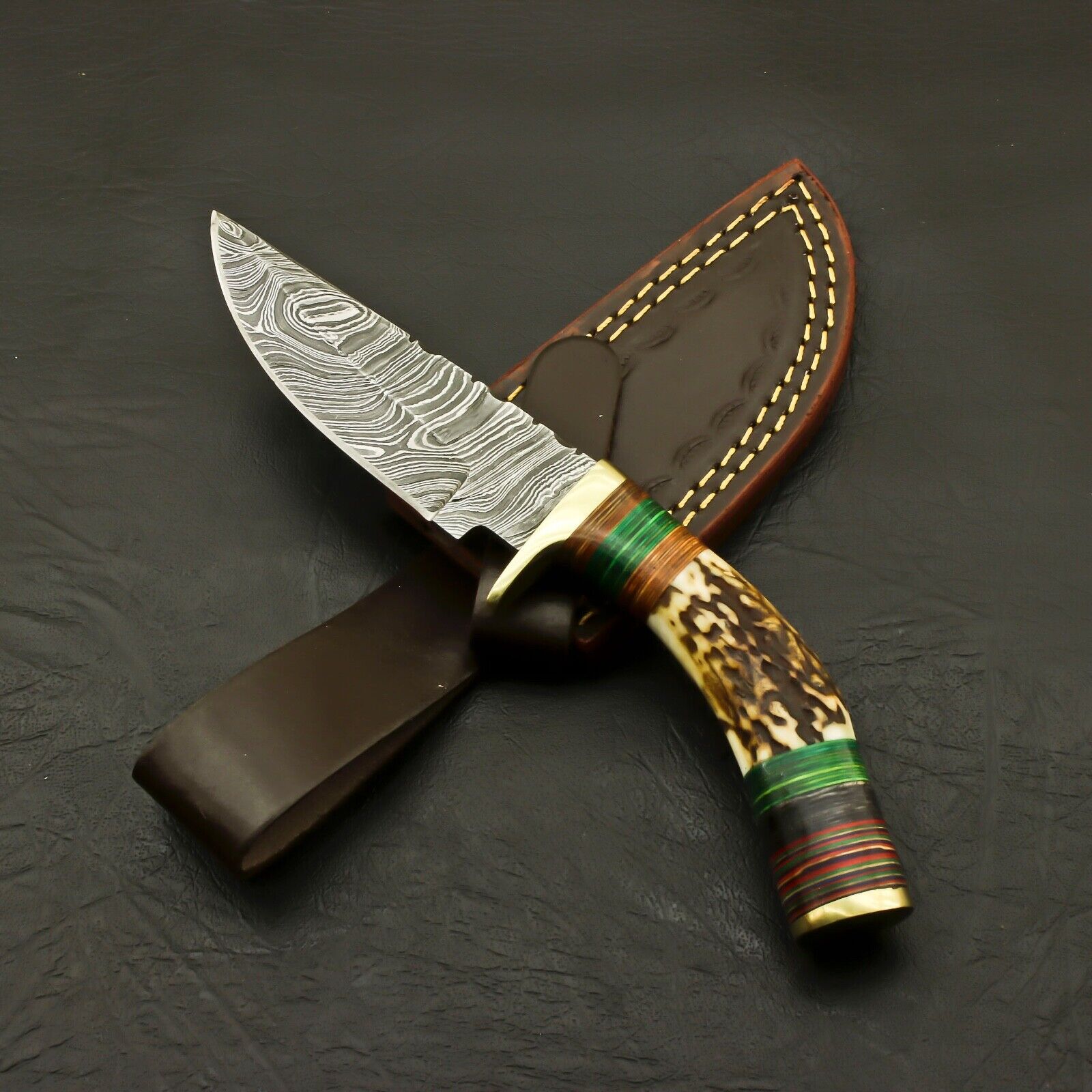 Custom Damascus Hunting Knife, Handmade Hunting Knife, Damascus Steel Blade, Deer Horn Handle Knife, Fixed Blade Hunting Knife, Outdoor Knife, Survival Knife, Leather Sheath Knife, Handmade Damascus Knife USA, Blade and Precision