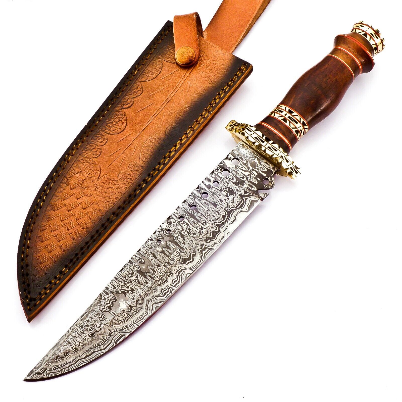 damascus steel outdoor hunting knife, handmade damascus hunting knife, custom hunting knife, survival hunting knife, damascus fixed blade knife, rosewood handle hunting knife, outdoor knife with sheath