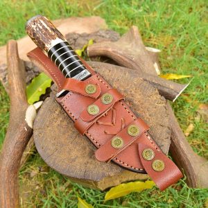 Handmade Damascus Steel Hunting Knife,Custom Damascus hunting knife, forged Damascus steel knife, stag antler handle knife, handmade hunting knife USA, Damascus steel blade, deer horn handle knife, outdoor survival knife, hunting knife with leather sheath, handcrafted Damascus knife, Blade and Precision hunting knife