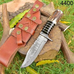 Handmade Damascus Steel Hunting Knife,Custom Damascus hunting knife, forged Damascus steel knife, stag antler handle knife, handmade hunting knife USA, Damascus steel blade, deer horn handle knife, outdoor survival knife, hunting knife with leather sheath, handcrafted Damascus knife, Blade and Precision hunting knife