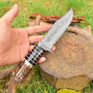 Handmade Damascus Steel Hunting Knife,Custom Damascus hunting knife, forged Damascus steel knife, stag antler handle knife, handmade hunting knife USA, Damascus steel blade, deer horn handle knife, outdoor survival knife, hunting knife with leather sheath, handcrafted Damascus knife, Blade and Precision hunting knife