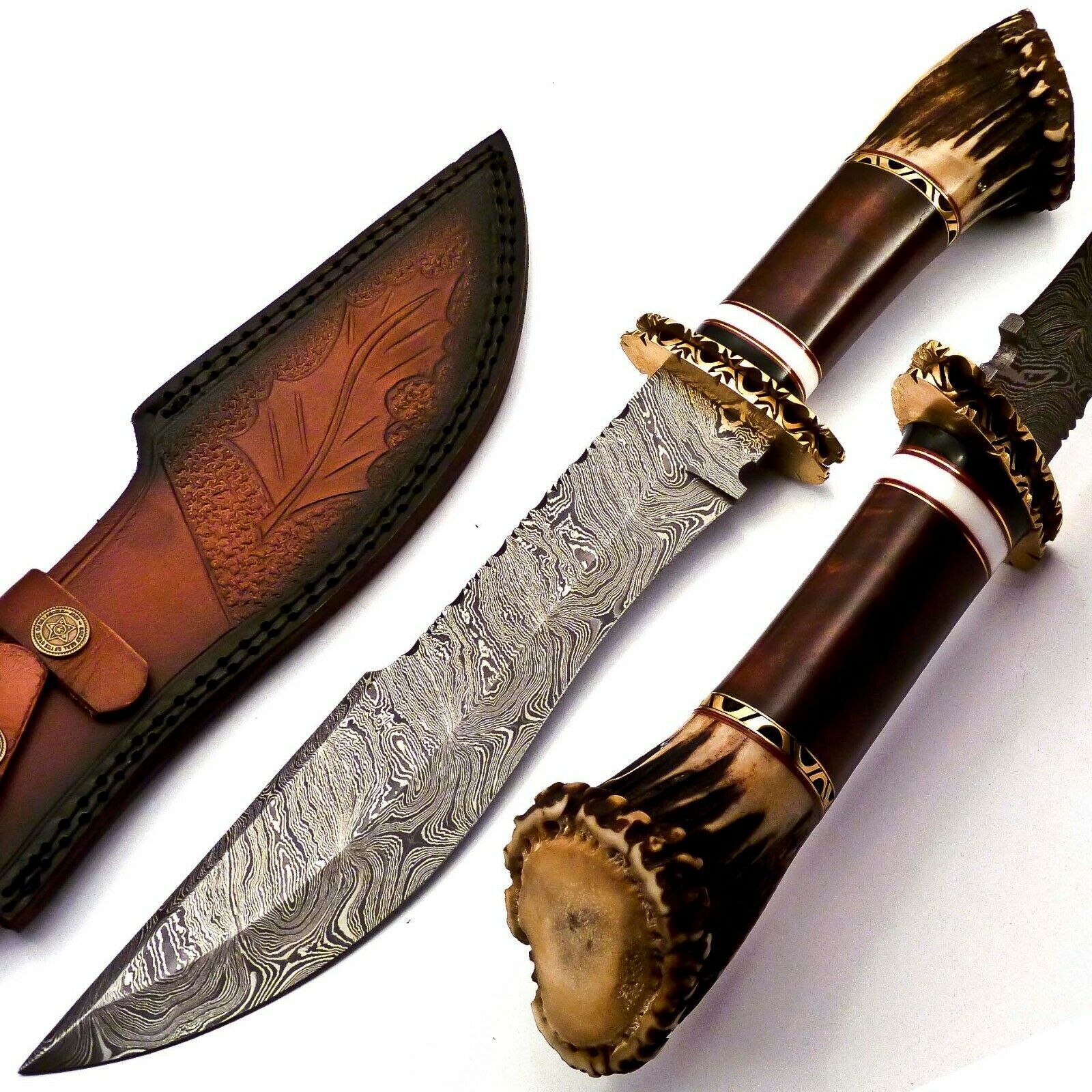 Damascus Steel Stag Handle Knife , Handmade Damascus Knife, Deer Horn Hunting Knife, Stag Handle Damascus Knife, Fixed Blade Knife USA, Damascus Steel Knife for Sale, Hunting Knife with Sheath, Custom Hunting Knife, Collectible Hunting Knives, Damascus Blade Deer Horn