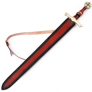 long damascus sword brass guard, handmade long sword, brass guard sword, damascus sword USA, custom steel sword, 30 inch damascus blade, damascus sword collector, battle ready sword, brass clips damascus, sword with sheath