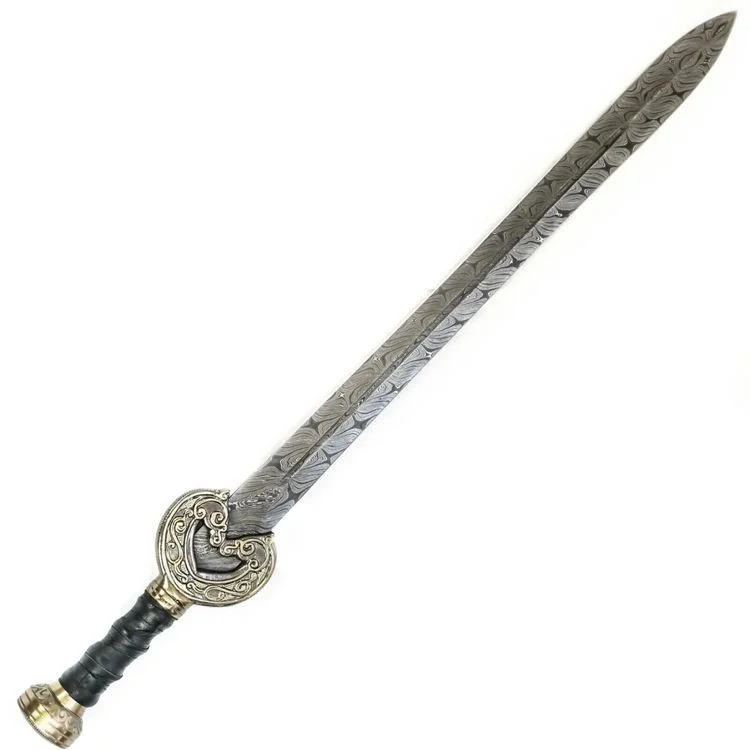 horse guard damascus sword, handmade damascus sword USA, 30 inch damascus sword, horse head guard blade, damascus steel blade sword, custom sword with horse guard, full tang damascus sword, battle ready damascus sword, horse motif sword handle, leather sheath included