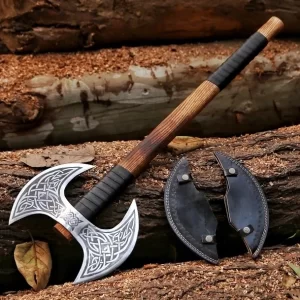 handmade double blade axe, double blade axe, axes, steel axe, handmade axe, axe in USA, cheap axe, battle axe, olivia wood handle axe, 1095 high carbon steel axe, throwing axe, outdoor axe, custom axes USA, axe for sale