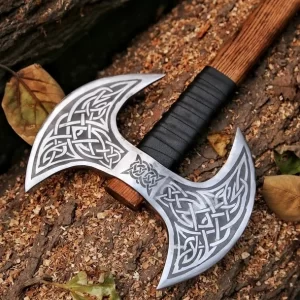 handmade double blade axe, double blade axe, axes, steel axe, handmade axe, axe in USA, cheap axe, battle axe, olivia wood handle axe, 1095 high carbon steel axe, throwing axe, outdoor axe, custom axes USA, axe for sale