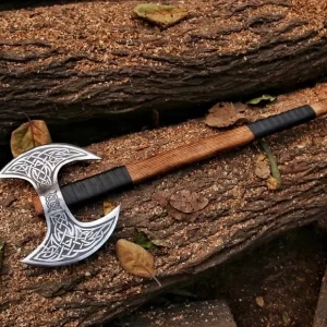 handmade double blade axe, double blade axe, axes, steel axe, handmade axe, axe in USA, cheap axe, battle axe, olivia wood handle axe, 1095 high carbon steel axe, throwing axe, outdoor axe, custom axes USA, axe for sale