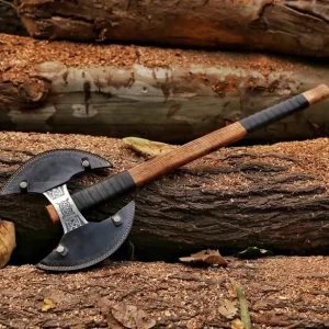 handmade double blade axe, double blade axe, axes, steel axe, handmade axe, axe in USA, cheap axe, battle axe, olivia wood handle axe, 1095 high carbon steel axe, throwing axe, outdoor axe, custom axes USA, axe for sale