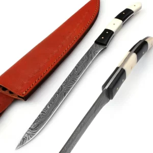 damascus short sword, handmade sword 16 inch, short damascus steel sword, damascus collector blade, damascus sword for sale usa, leather sheath sword, custom blade sword, hand forged damascus weapon, compact damascus sword, short blade damascus steel