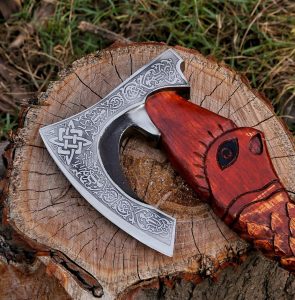 functional viking hatchet ashwood, handmade viking axe, handmade axe, axes, steel axe, axe in USA, cheap axe, battle axe, valknut axe, viking hatchet, ashwood handle axe, custom axe USA